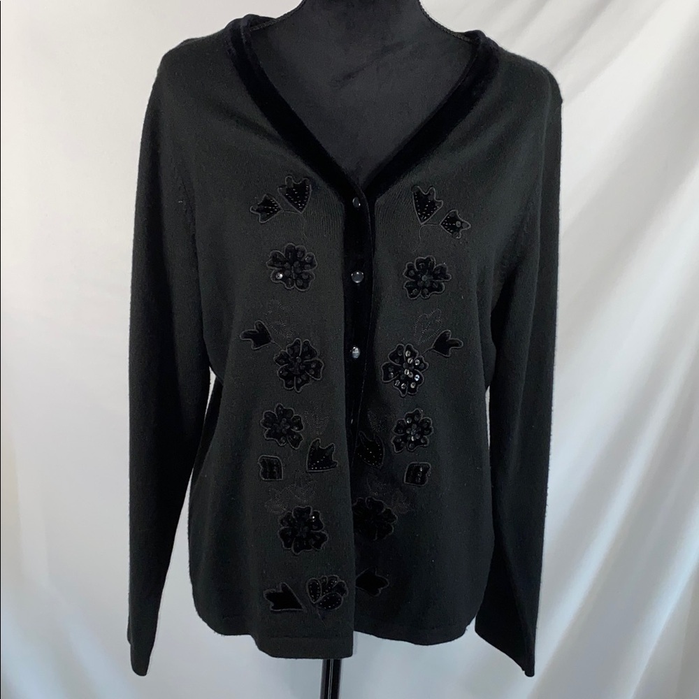 Croft & Barrow Embellished Cardigan L Black Sequin Bead Velvet Trim Knit V-Neck